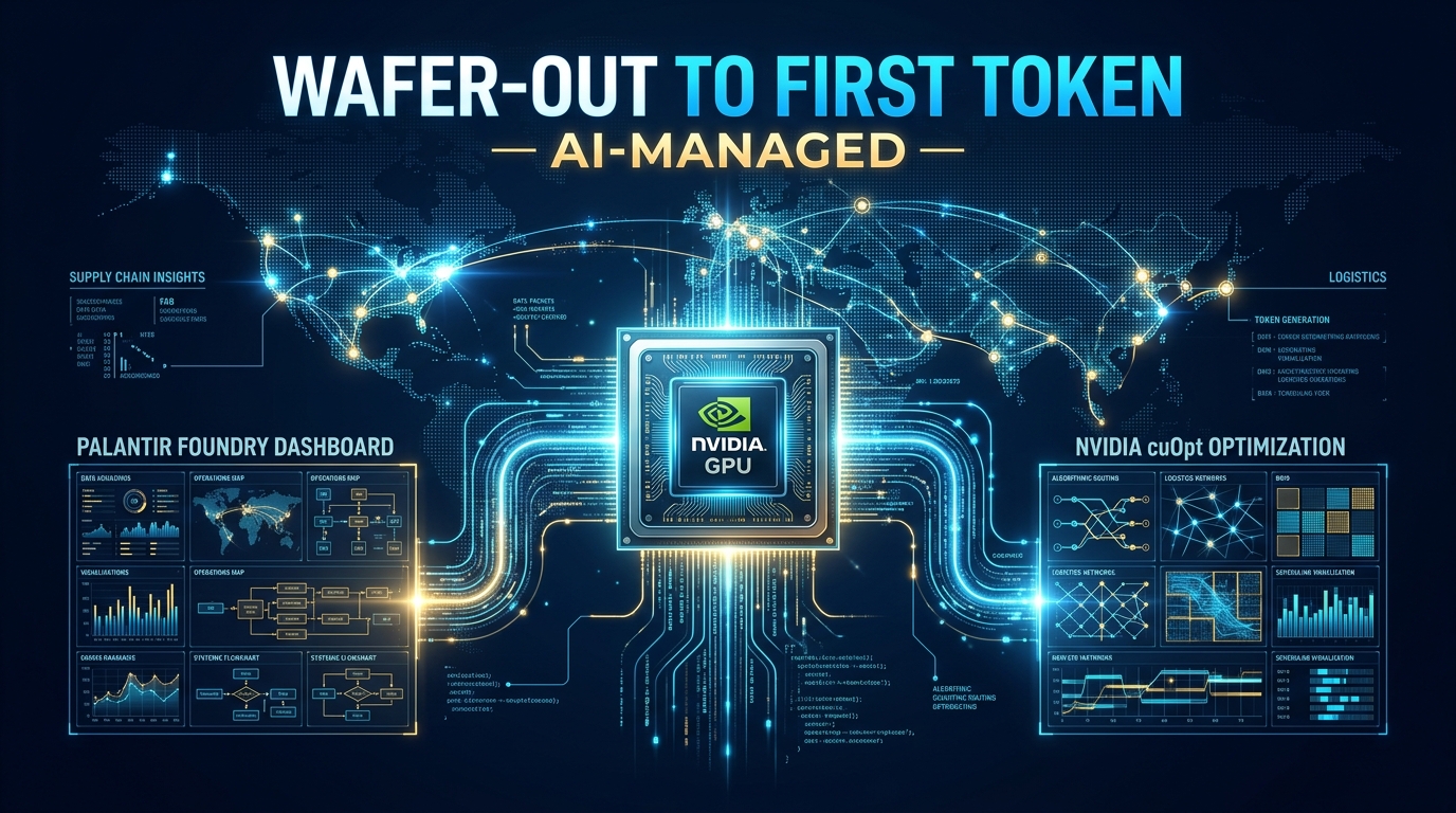 NVIDIA GPU chip connected to Palantir Foundry and cuOpt optimization grid with global supply chain map overlay reading: Wafer-Out to First Token — AI-Managed