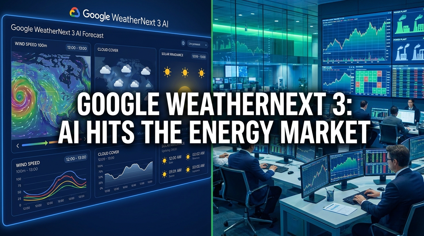 Google WeatherNext 3 AI weather forecasting dashboard on the left and an energy trading floor on the right, with bold text overlay: Google WeatherNext 3 — AI Hits the Energy Market