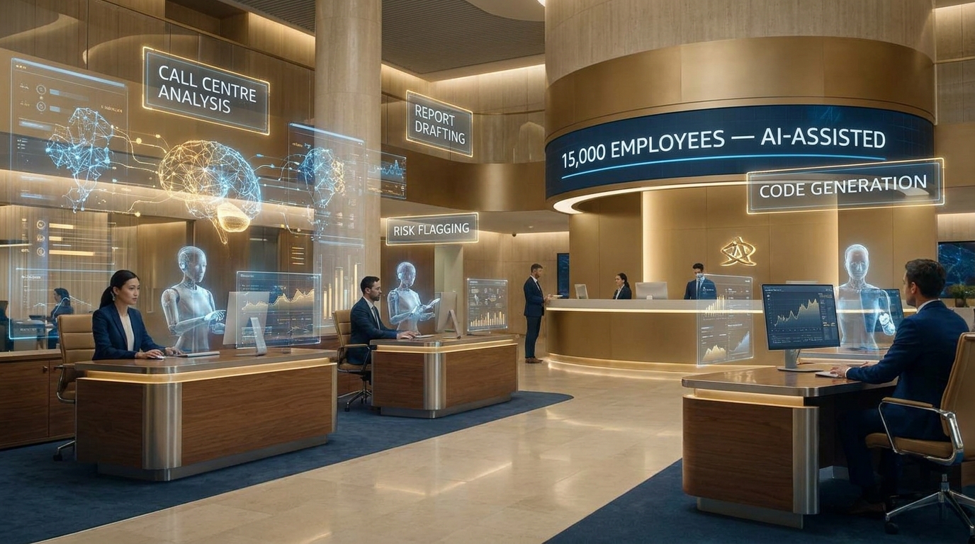 M&T Bank employees working alongside AI copilot assistants with stat overlay showing 15,000 AI-assisted employees and use cases including call centre analysis, report drafting, risk flagging, and code generation