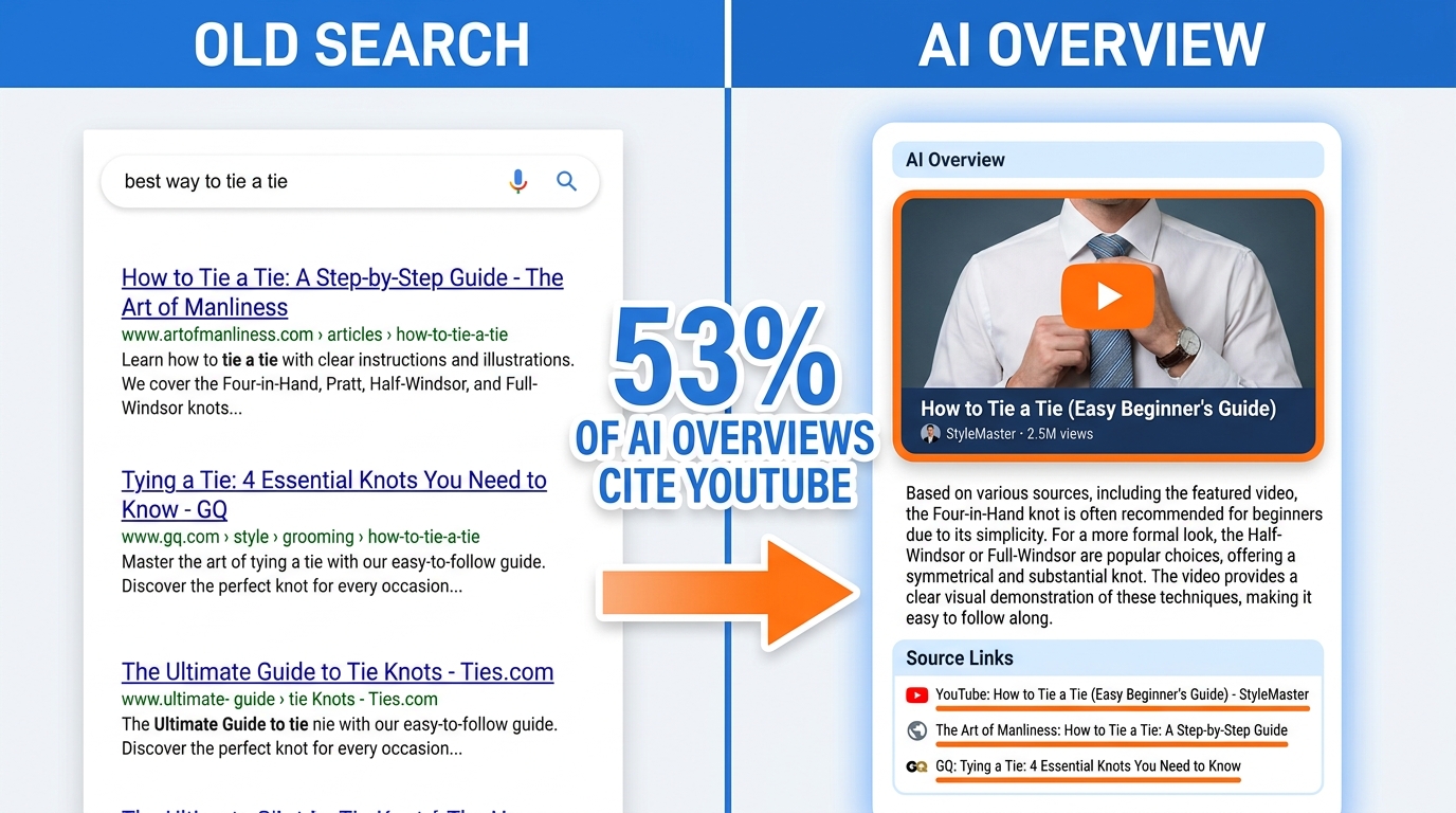 Split-screen showing old Google search results versus AI Overview answers, with bold stat: 53% of AI Overviews Cite YouTube