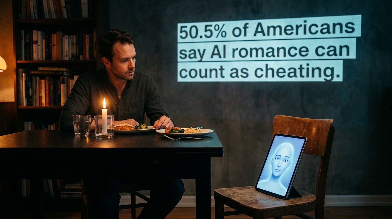 Person having a candlelit dinner with a glowing AI avatar on a tablet screen opposite them, with wall projection reading: 50.5% of Americans say AI romance can count as cheating