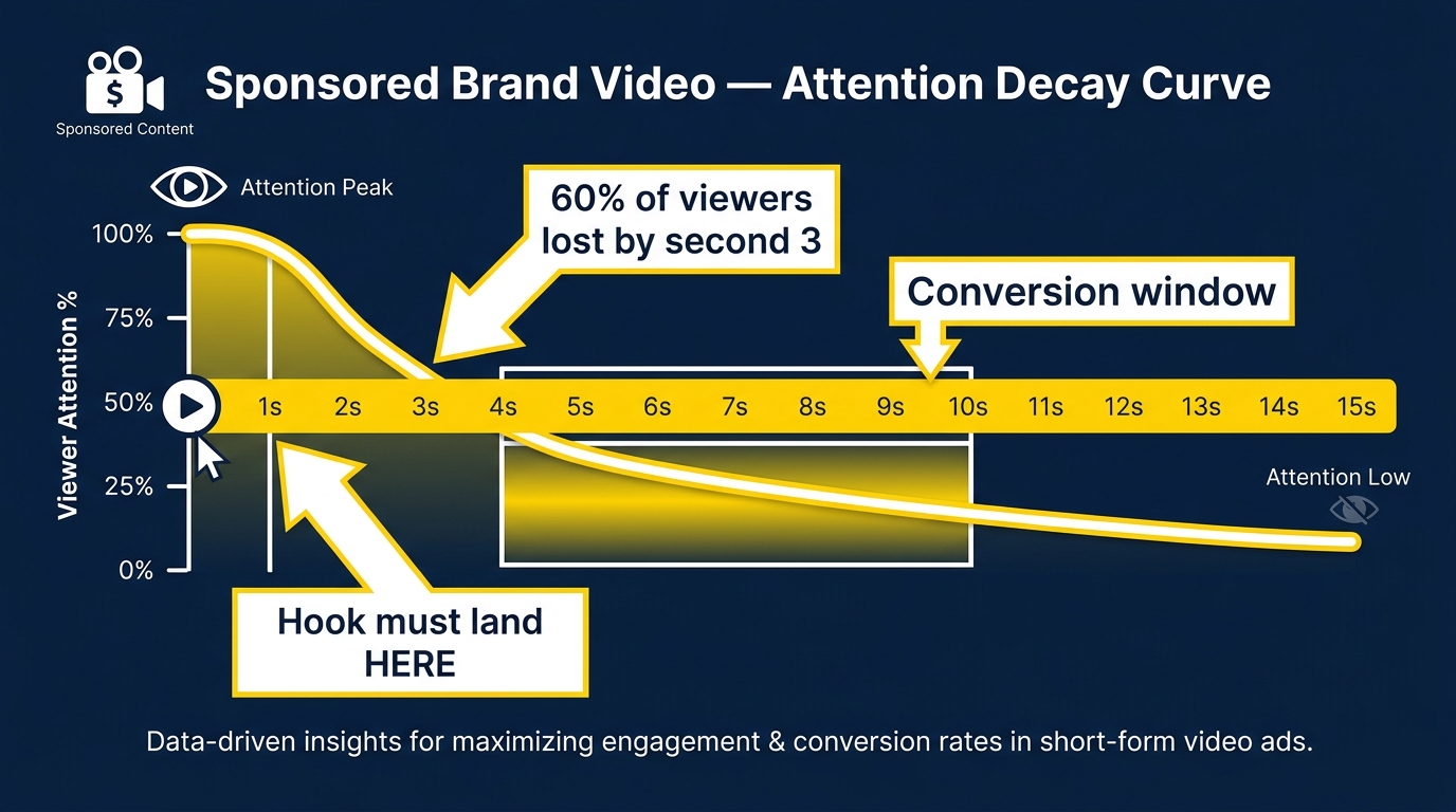Sponsored Brand Video attention decay curve showing 60% of viewers lost by second 3 with hook zone highlighted at 0-1 seconds and conversion window between seconds 4-10