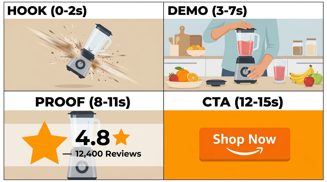 Four-panel storyboard for Amazon Sponsored Brand Video: Hook 0-2 seconds, Demo 3-7 seconds, Proof 8-11 seconds, CTA 12-15 seconds