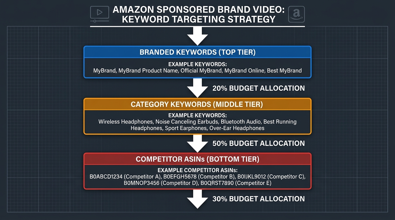 Three-tier keyword targeting architecture for Amazon Sponsored Brand Video campaigns: branded keywords, category keywords, and competitor ASINs with budget allocation percentages