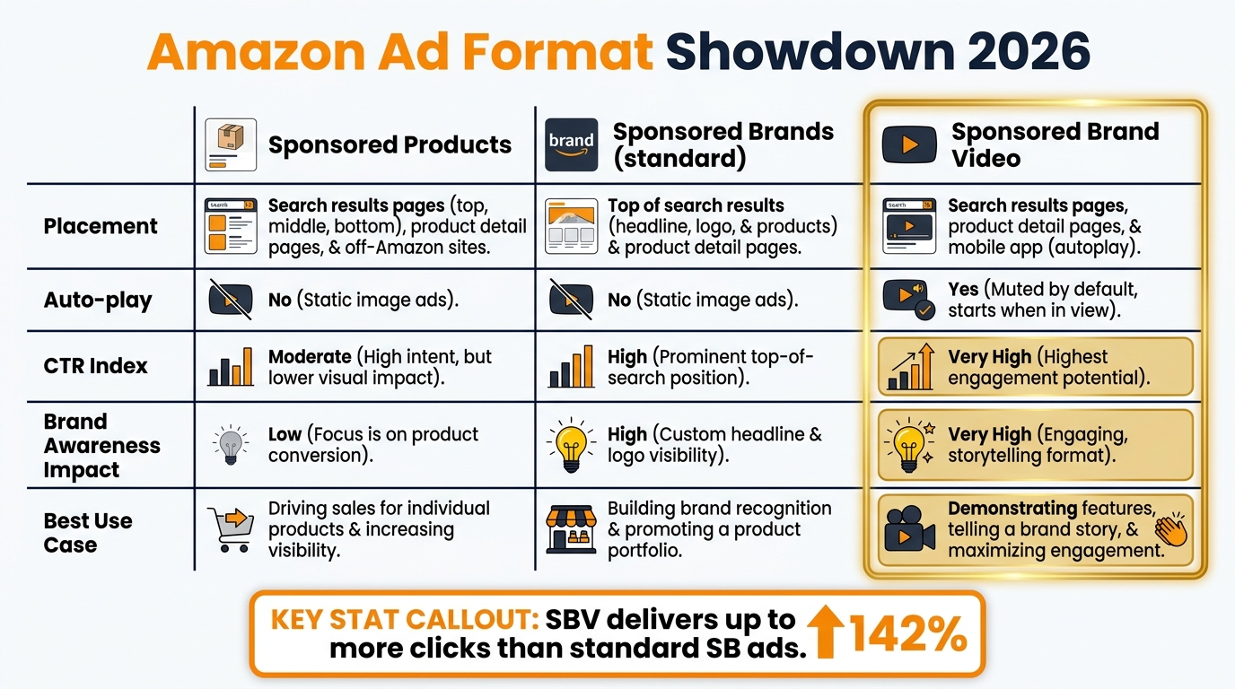 Amazon ad format comparison chart showing Sponsored Products vs Sponsored Brands vs Sponsored Brand Video across placement, auto-play, CTR, and best use cases