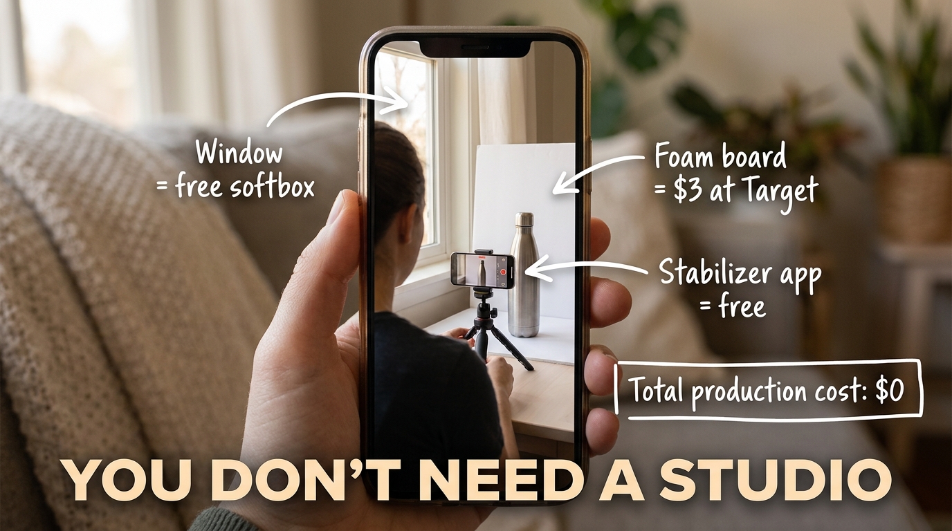 Smartphone filming a product video with DIY home setup: foam board backdrop, window lighting, free stabilizer app — total production cost zero