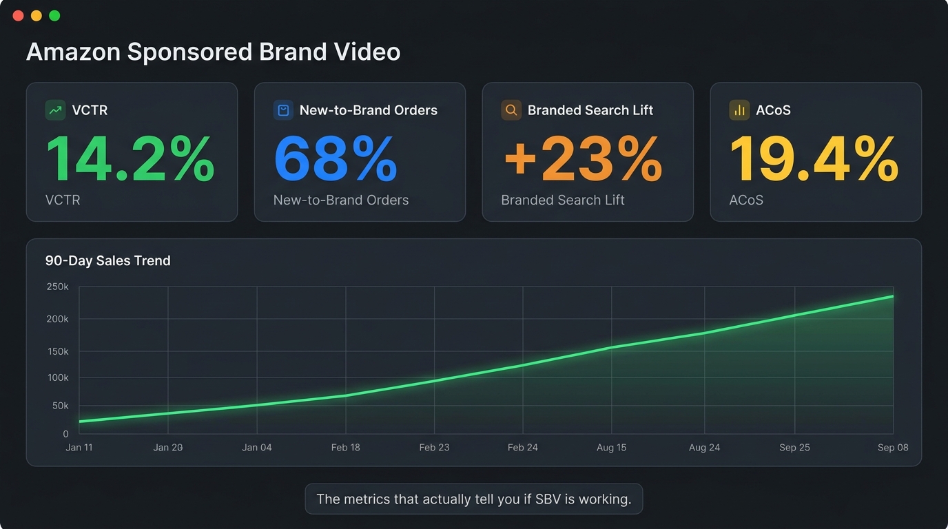 Amazon Sponsored Brand Video performance dashboard showing VCTR, New-to-Brand Order rate, branded search lift, and ACoS metrics with 90-day sales trend graph