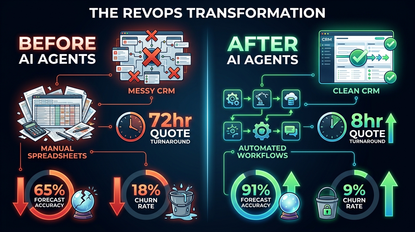 Before and after comparison of AI agent impact on revenue operations — quote turnaround, forecast accuracy, and churn rate improvements