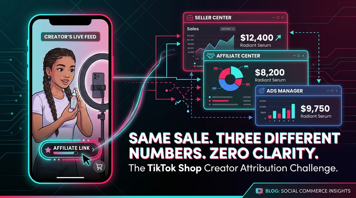 TikTok Shop attribution dashboard showing three different sales numbers across Seller Center, Affiliate Center, and Ads Manager for the same sale