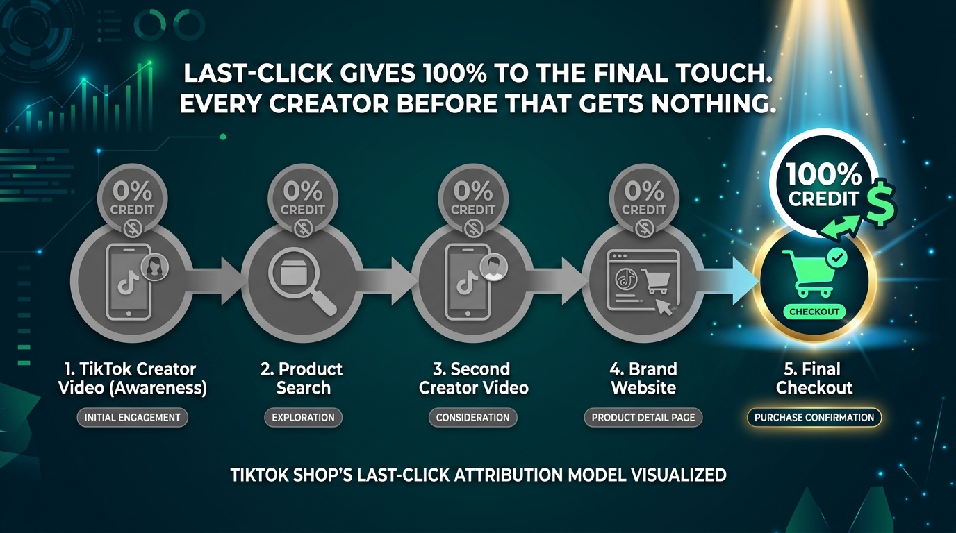 Infographic showing TikTok Shop last-click attribution giving 100% credit to the final touchpoint while earlier creator videos receive zero credit