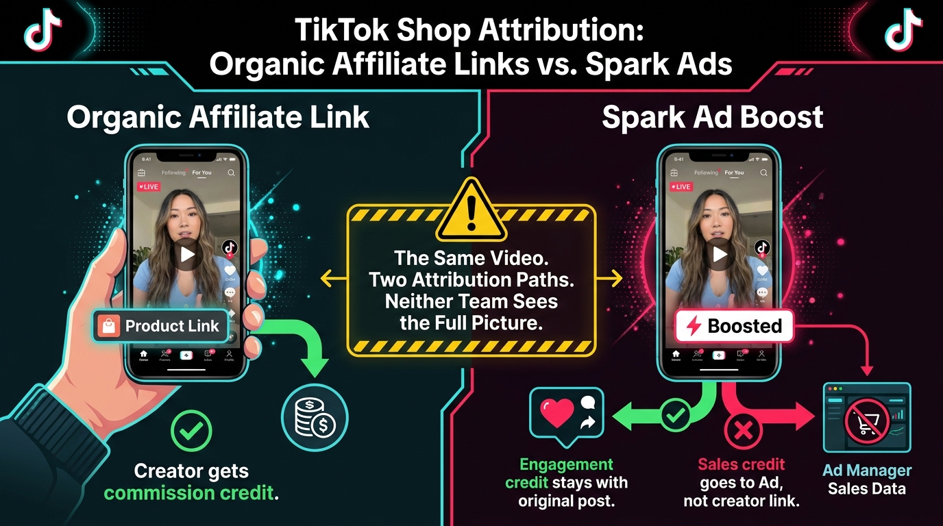 Comparison diagram showing Spark Ads vs organic affiliate links on TikTok Shop and how each creates different attribution paths for the same video content
