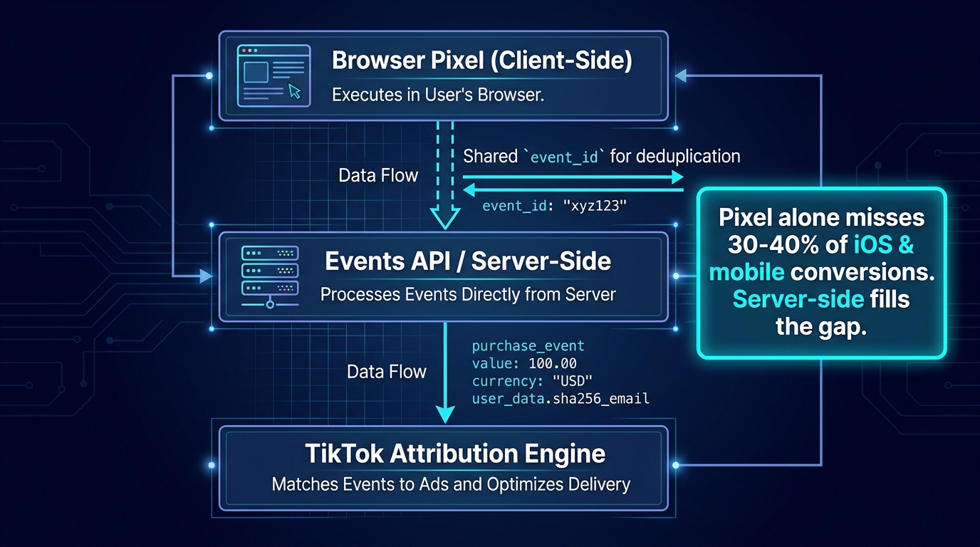 Technical diagram showing TikTok Events API server-side tracking architecture with shared event_id for deduplication filling mobile conversion gaps