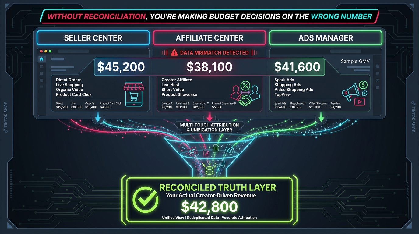 TikTok Shop attribution reconciliation stack showing how Seller Center, Affiliate Center, and Ads Manager data feeds into a unified truth layer