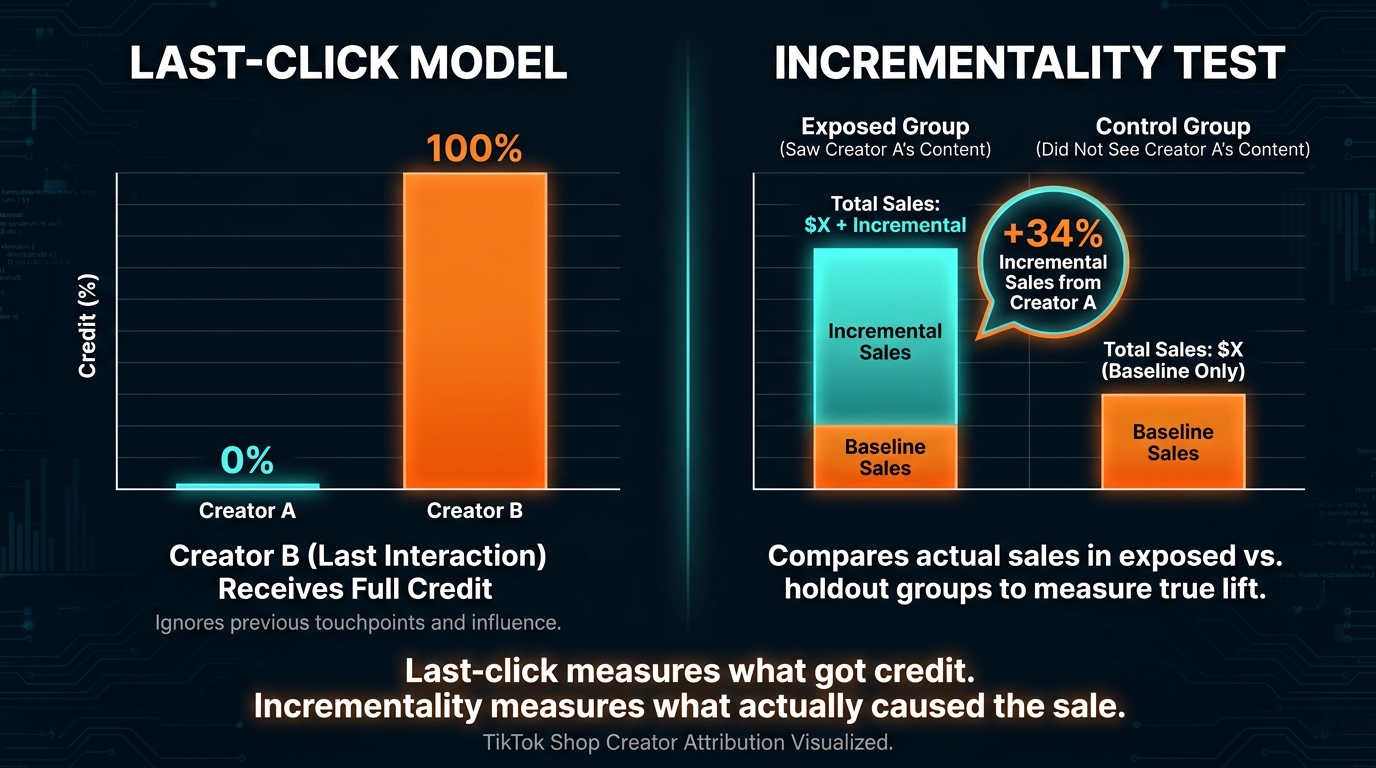 Comparison diagram showing TikTok Shop creator incrementality testing versus last-click attribution model with lift measurement results