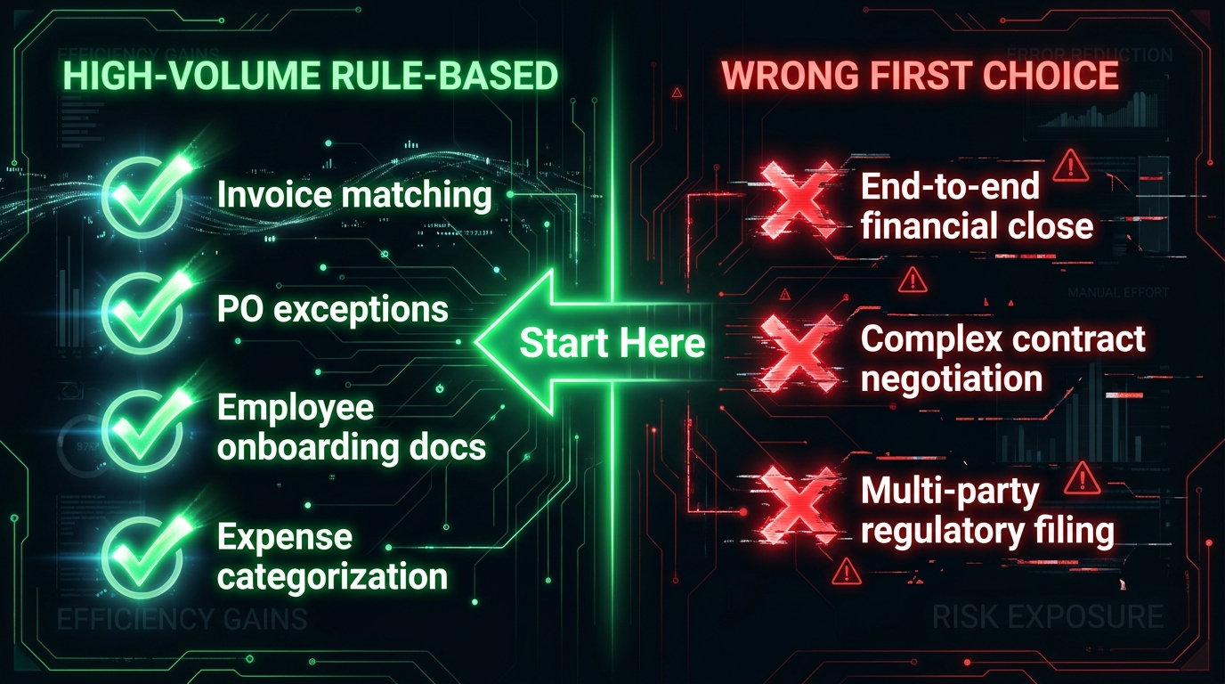 Split-screen infographic comparing high-volume rule-based workflows versus wrong first choices for AI agent deployment