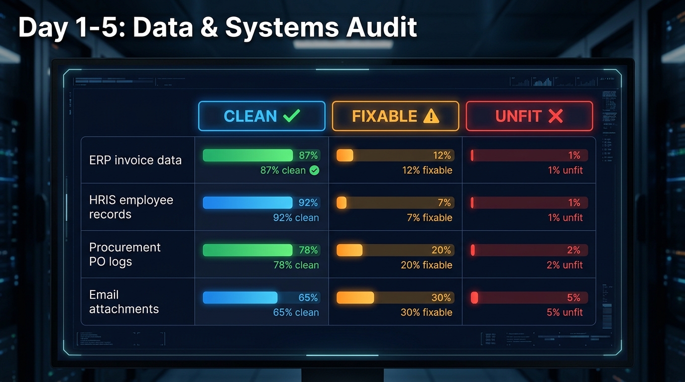 Data readiness audit dashboard showing clean, fixable, and unfit status across ERP invoice data, HRIS records, and procurement logs