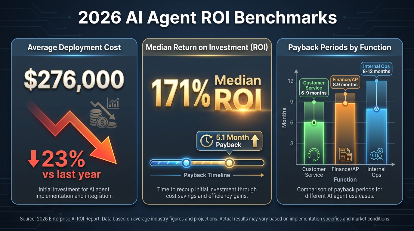 2026 AI agent ROI benchmarks infographic showing $276,000 average deployment cost, 171% median ROI, and payback periods by function