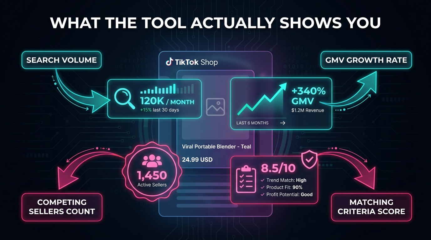 Data anatomy diagram of TikTok Shop Product Opportunities tool showing labeled metrics including search volume, GMV growth rate, and competing seller count