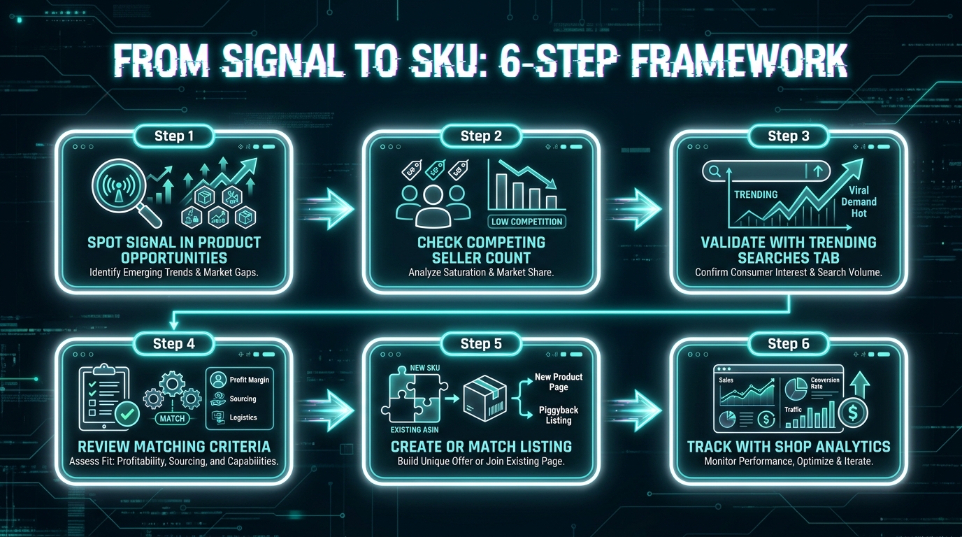 Six-step flowchart showing the TikTok Shop seller decision framework from signal to SKU listing