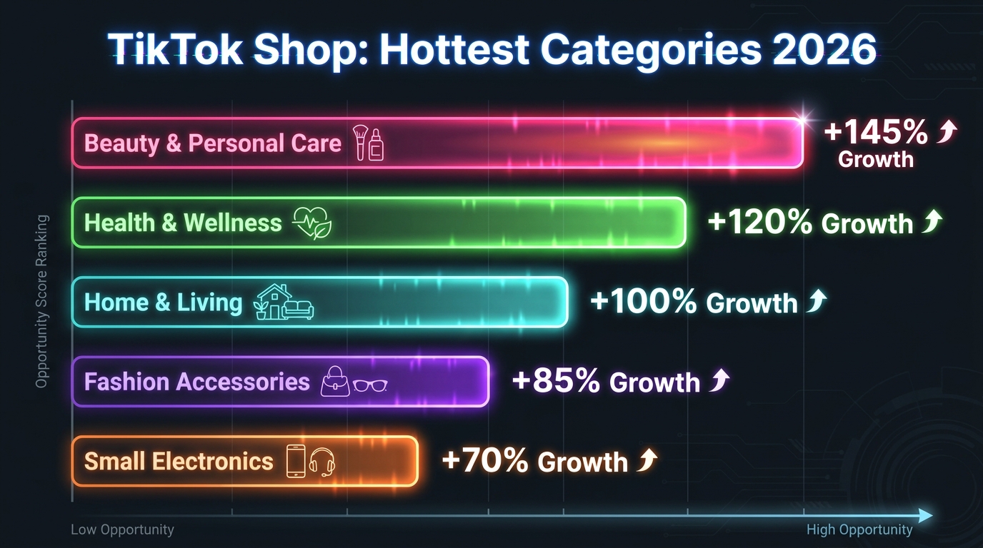 TikTok Shop category opportunity heatmap showing top performing categories in 2026 including beauty, health, home, fashion accessories, and electronics