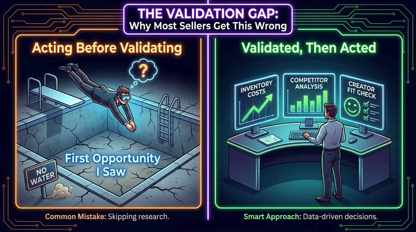 Split-scene illustration showing a seller acting without validation versus a smart seller using a multi-step validation process