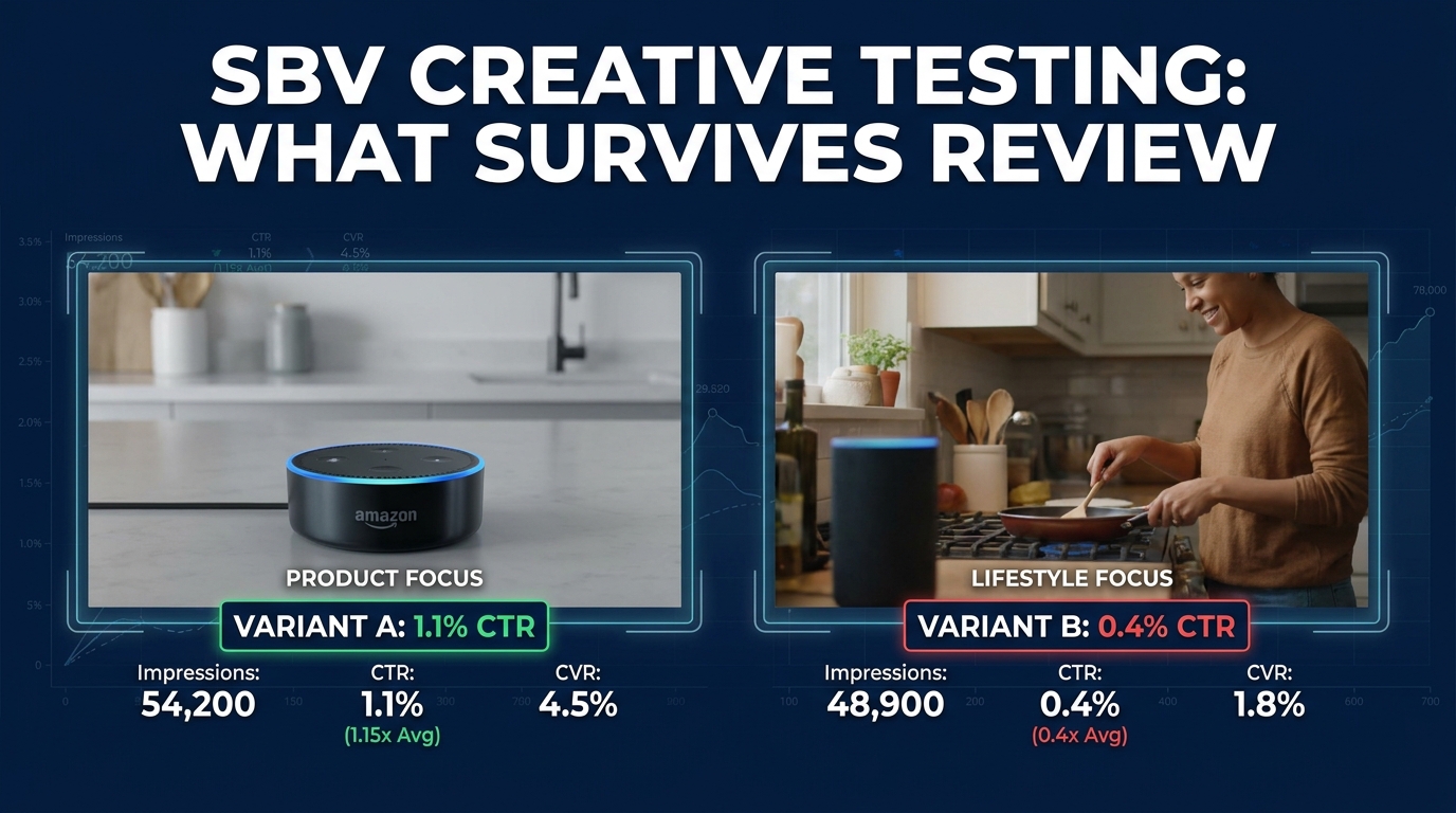 Amazon SBV creative testing split-screen showing Variant A at 1.1% CTR vs Variant B at 0.4% CTR with test metrics overlay