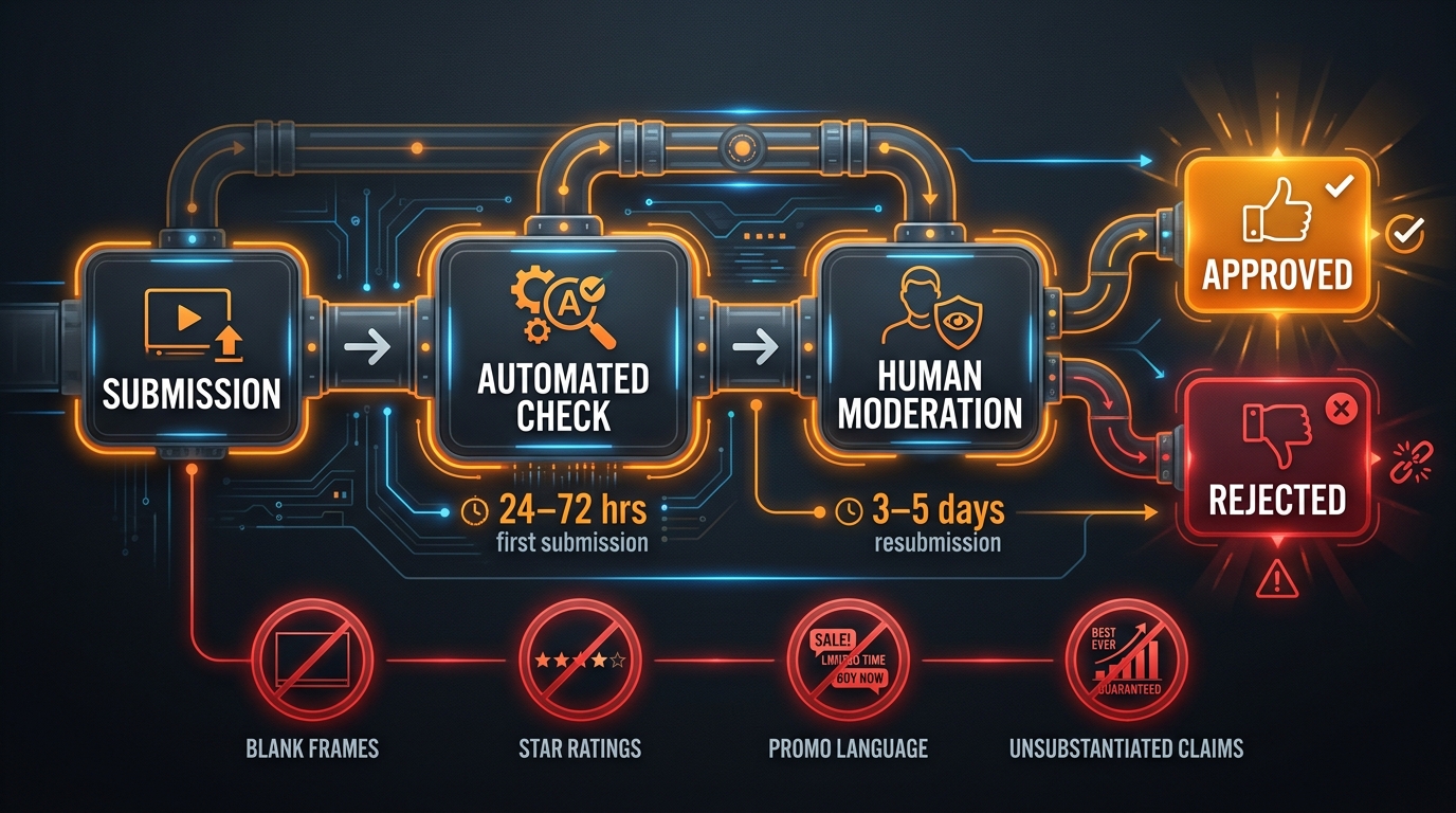 Amazon SBV review process pipeline diagram showing submission, automated check, human moderation stages with 24-72 hour timeline and common rejection triggers