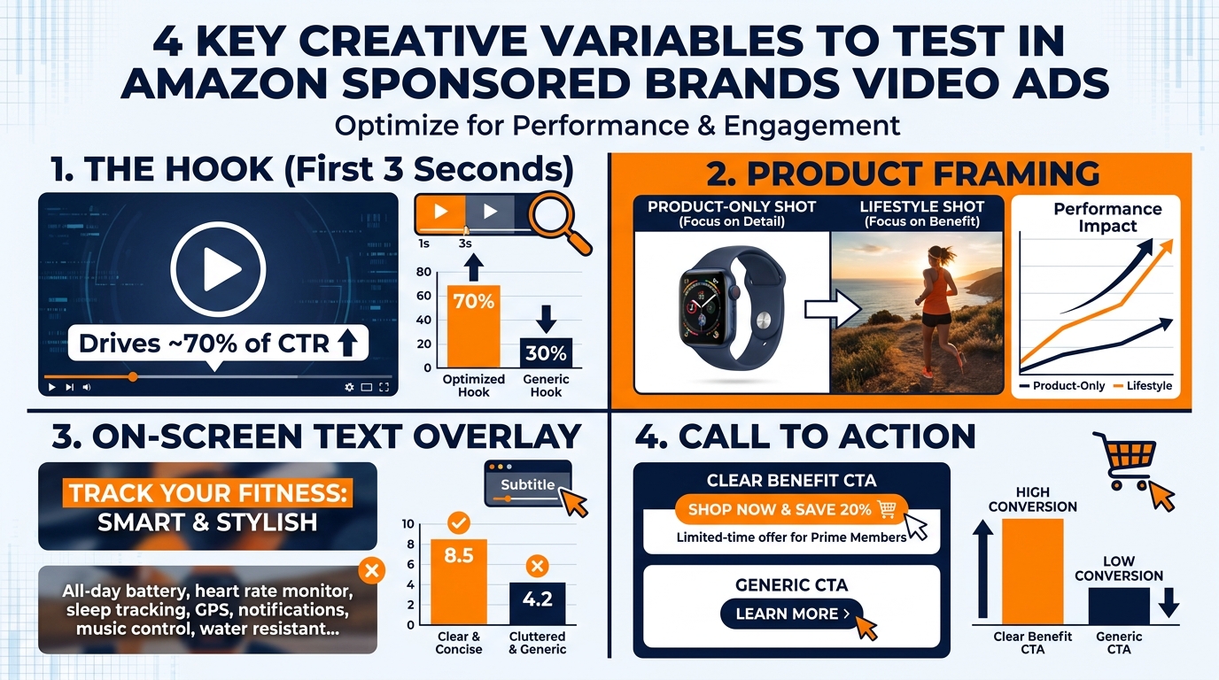 Four-quadrant infographic showing the key SBV creative variables to test: The Hook, Product Framing, On-Screen Text Overlay, and Call to Action