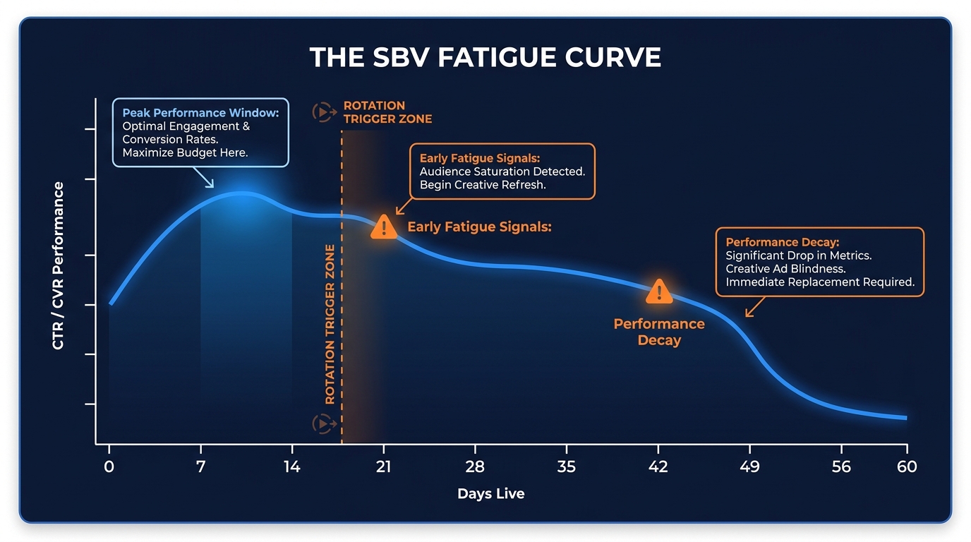 SBV fatigue curve line graph showing performance peak at days 7-14 followed by gradual decline with rotation trigger zone marked at days 14-21