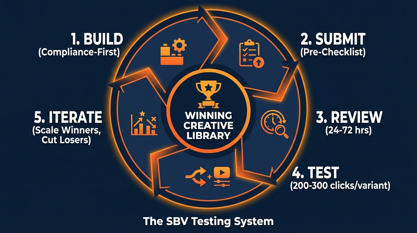 Circular creative testing loop diagram showing five stages: Build, Submit, Review, Test, Iterate — with winning creative library at the center