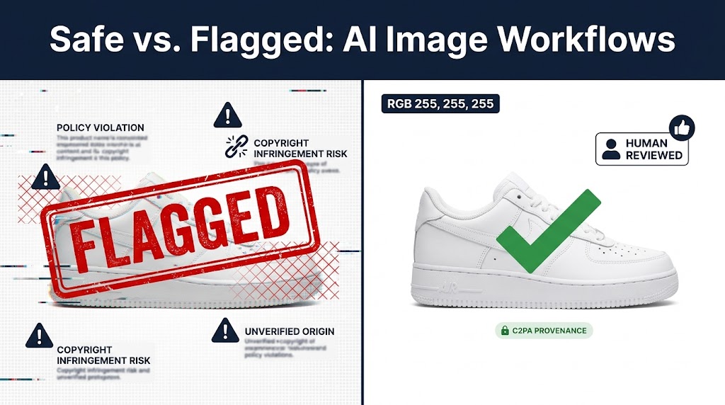 Split-screen infographic showing flagged AI product image on left versus compliant AI-assisted product image on right with C2PA provenance badge and pure white background