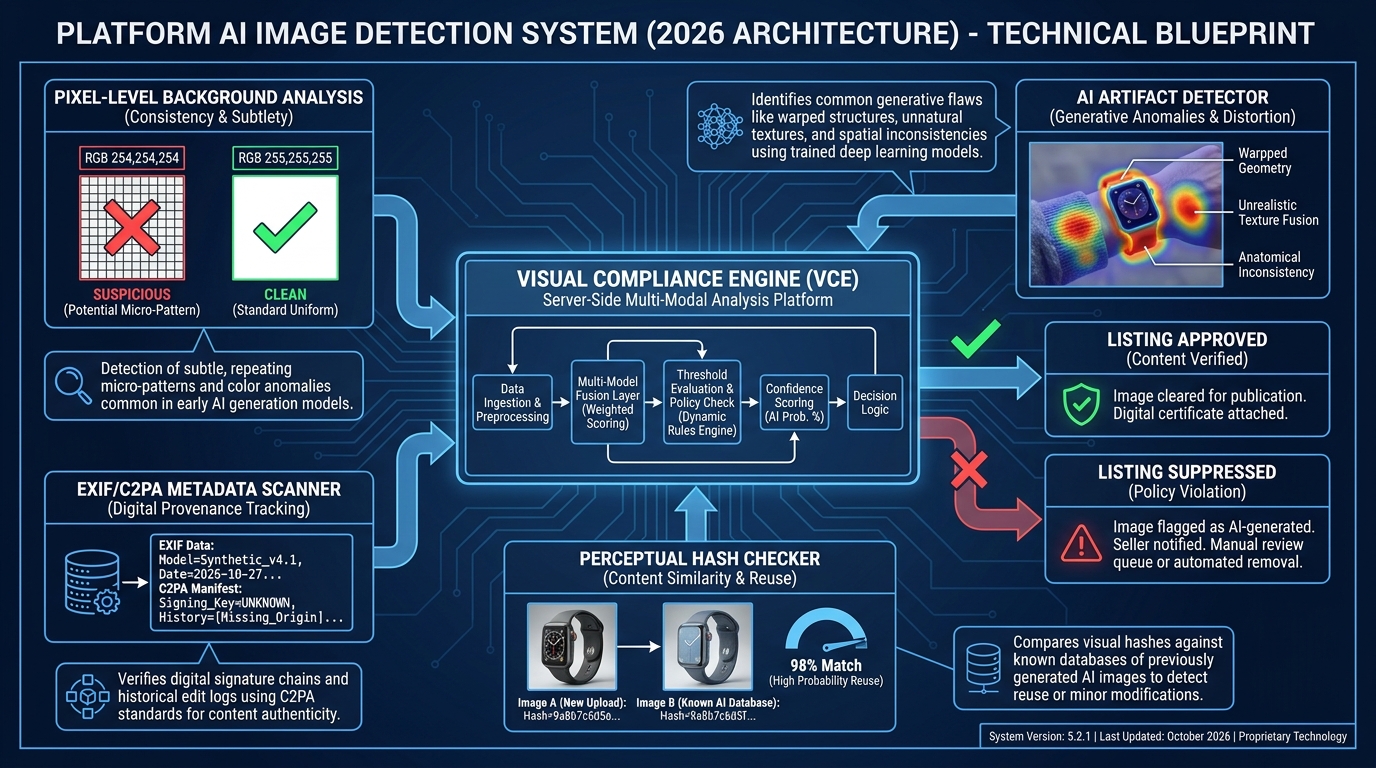 Technical diagram showing platform visual compliance engine with pixel analysis, metadata scanning, AI artifact detection, and perceptual hash checker feeding into listing approved or suppressed outcomes