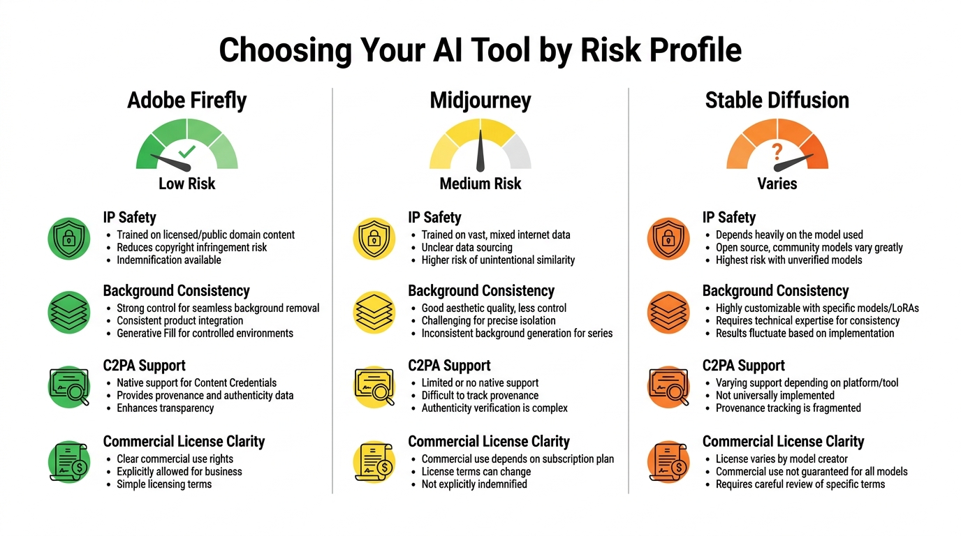 Three-column comparison chart showing Adobe Firefly as low risk, Midjourney as medium risk, and Stable Diffusion as variable risk for ecommerce product photography compliance