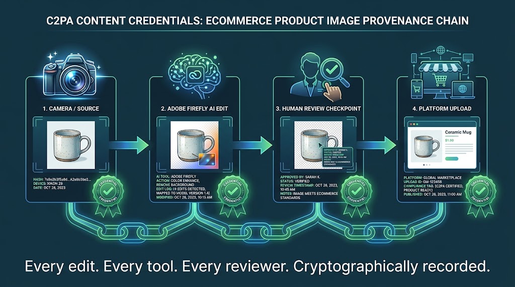 Infographic showing C2PA Content Credentials provenance chain for a product image traveling through camera source, Adobe Firefly AI edit, human review checkpoint, and platform upload with cryptographic signatures at each step