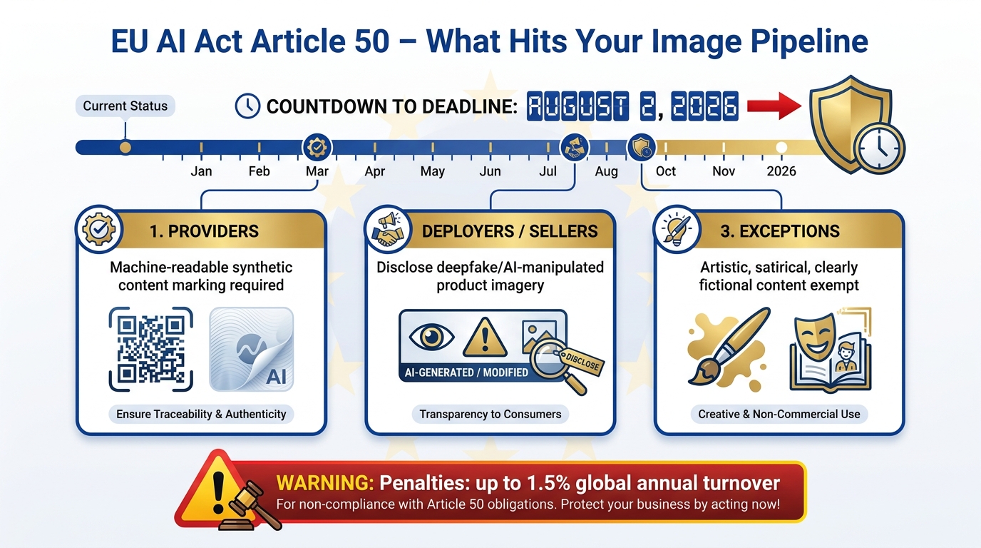 EU AI Act Article 50 infographic showing August 2026 deadline, provider and deployer obligations for synthetic content marking, and penalty structure up to 1.5% of global annual turnover
