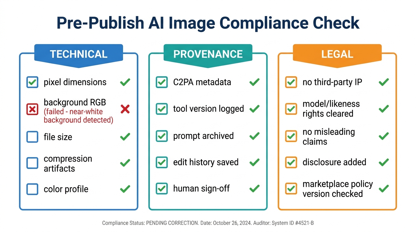18-point pre-publish AI image compliance checklist organized into technical, provenance, and legal columns with checkboxes, green approved marks, and one red failed flag for near-white background detection
