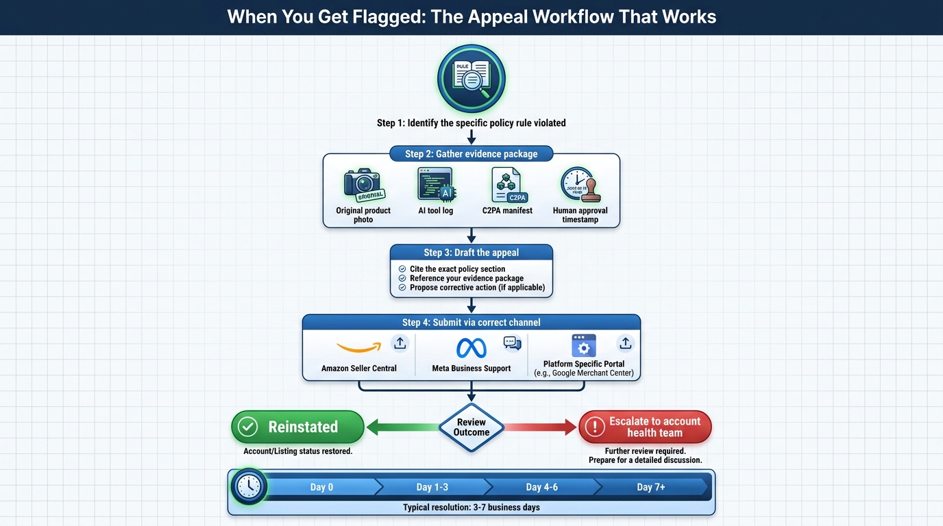 Flowchart showing the five-step appeal workflow for flagged AI product images, from identifying the specific policy violation through gathering evidence and submitting via the correct platform channel to reinstatement or escalation