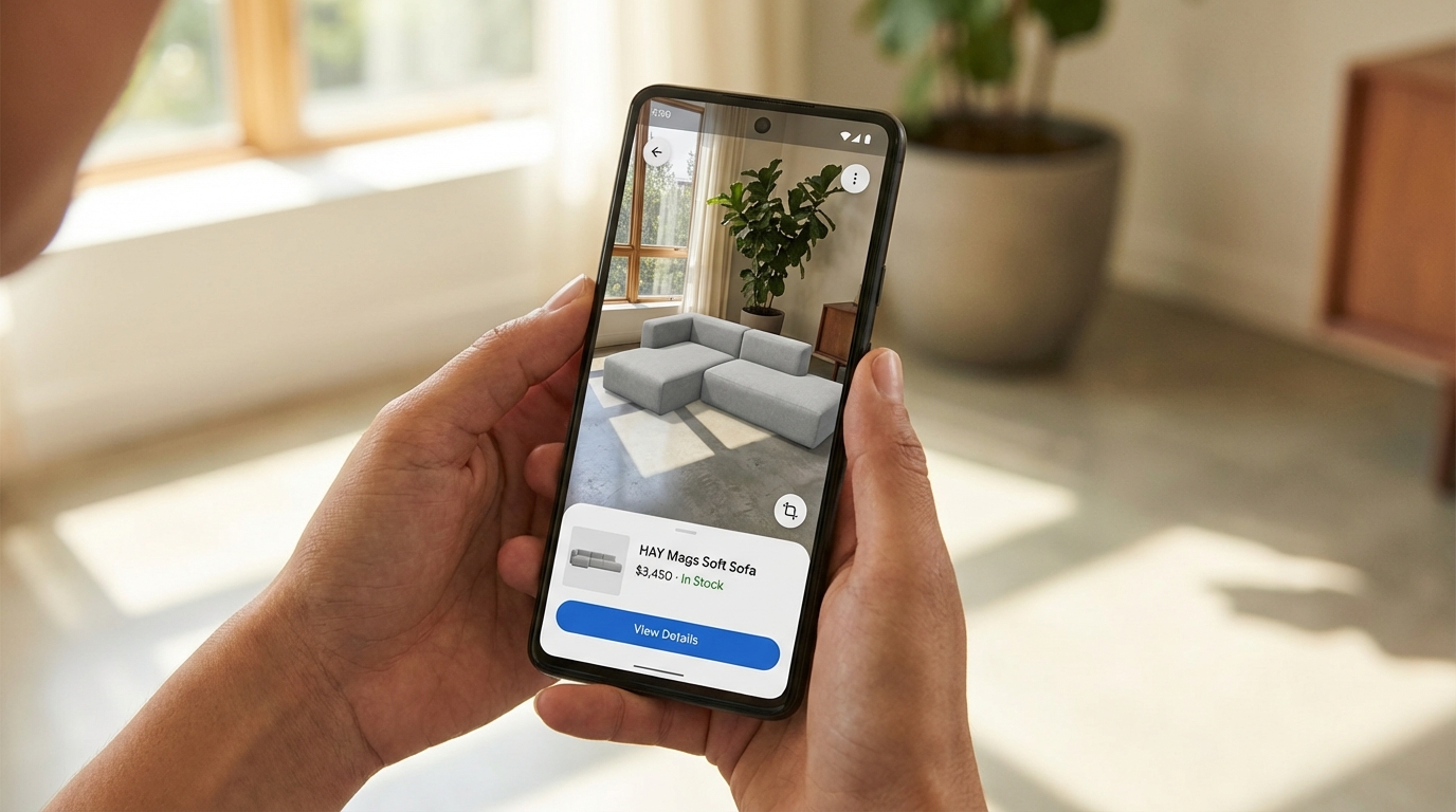 A smartphone displaying an augmented reality furniture shopping experience, showing a modern sofa being virtually placed in a bright, minimalist living room through the phone's camera