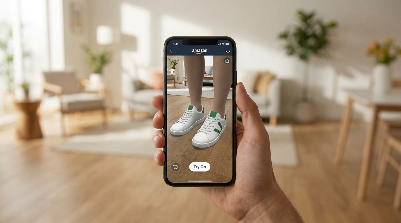 Close-up of a person holding a smartphone showing a virtual shoe try-on augmented reality feature with the shoe appearing overlaid on their feet in real scale
