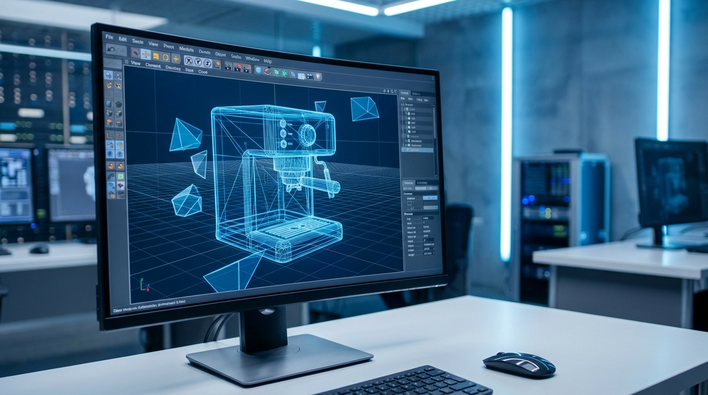 A 3D wireframe model of a kitchen appliance being built digitally on a computer screen with 3D modeling software interface