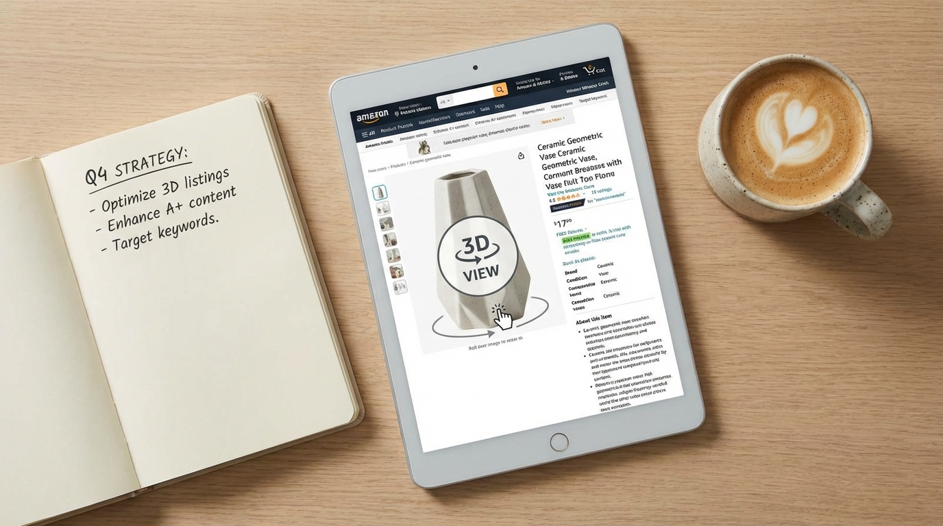 A clean flat-lay photo showing a tablet displaying an Amazon product detail page with a 3D rotate-and-view interface, surrounded by a notebook with strategy notes and a coffee mug
