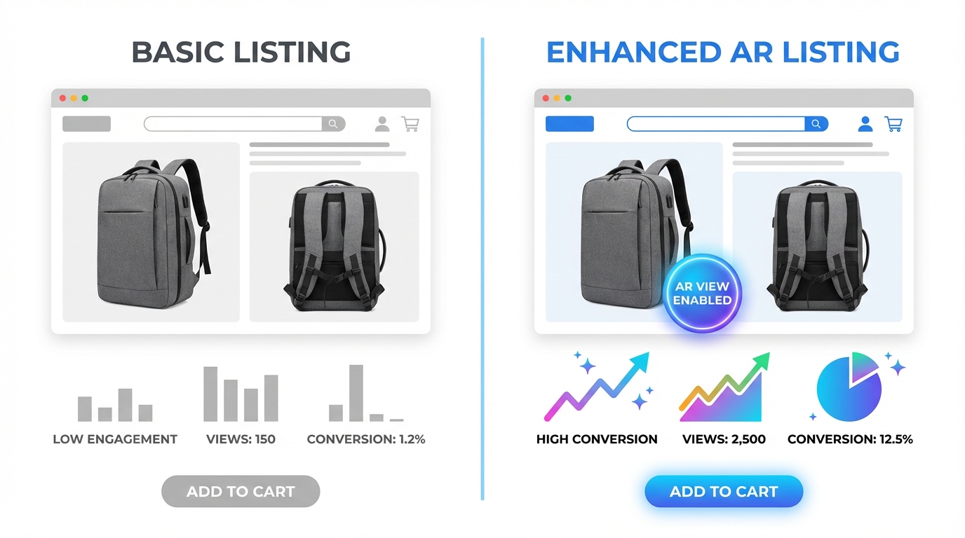 Split-screen comparison showing two identical product listings side by side, one with basic flat photos and low engagement metrics, the other with an AR-enabled listing and high conversion charts