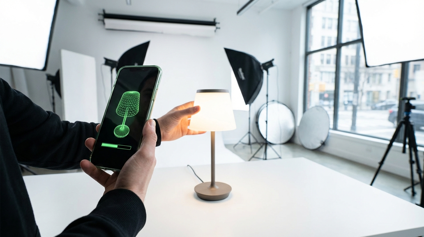 A person using a smartphone to scan a small tabletop product for 3D model creation, the phone screen shows a scanning progress overlay with a glowing green mesh