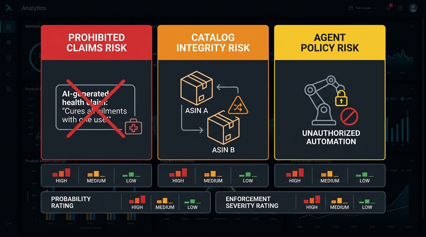 Three-column risk matrix showing prohibited claims risk, catalog integrity risk, and agent policy risk for AI-powered Amazon listings