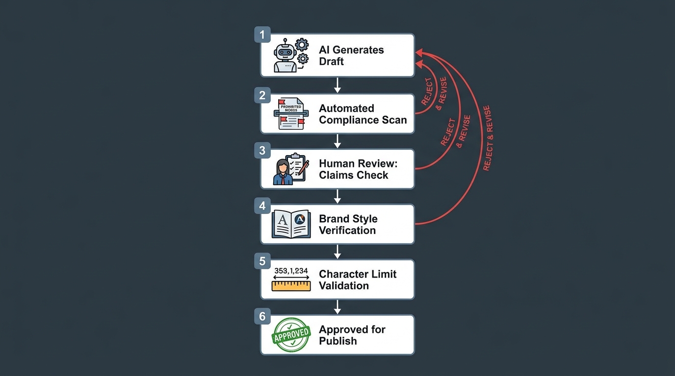 Flowchart of the six-step human-in-the-loop review process for AI-generated Amazon listing content, from AI draft through compliance scan to final approval